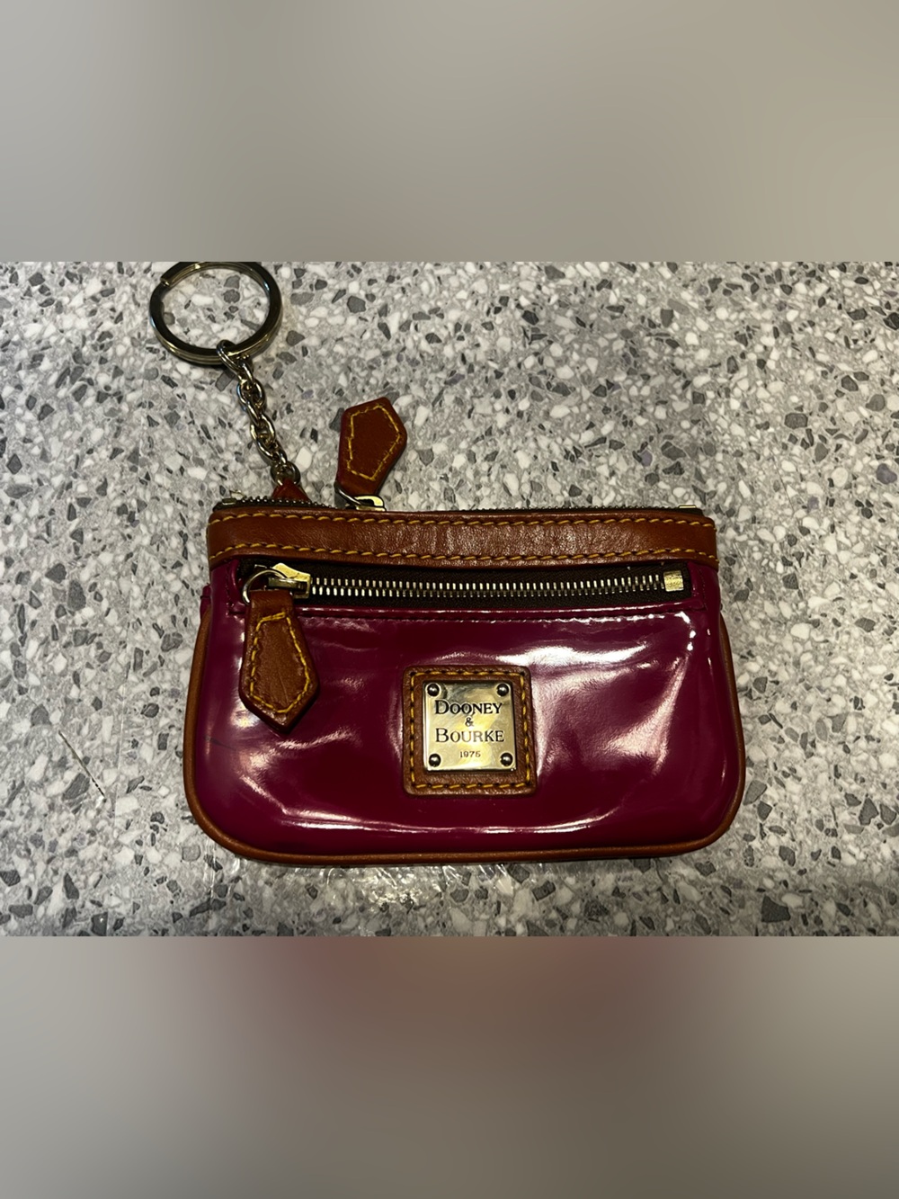Dooney & Bourke Patent Leather Key Pouch in Deep Berry with Brown Trim